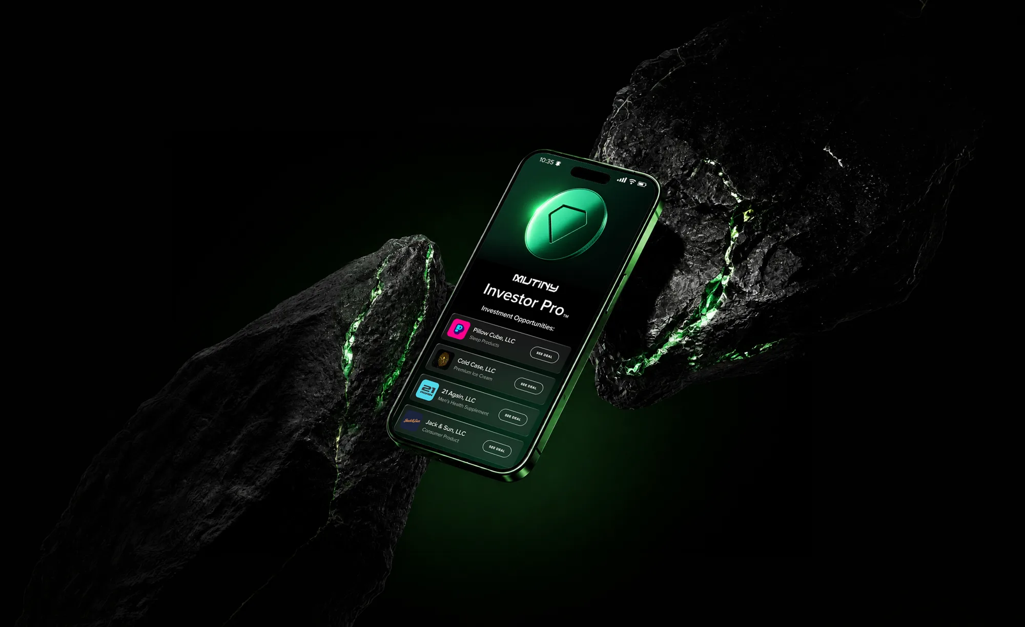 Mutiny Investor Pro app showing investment opportunities